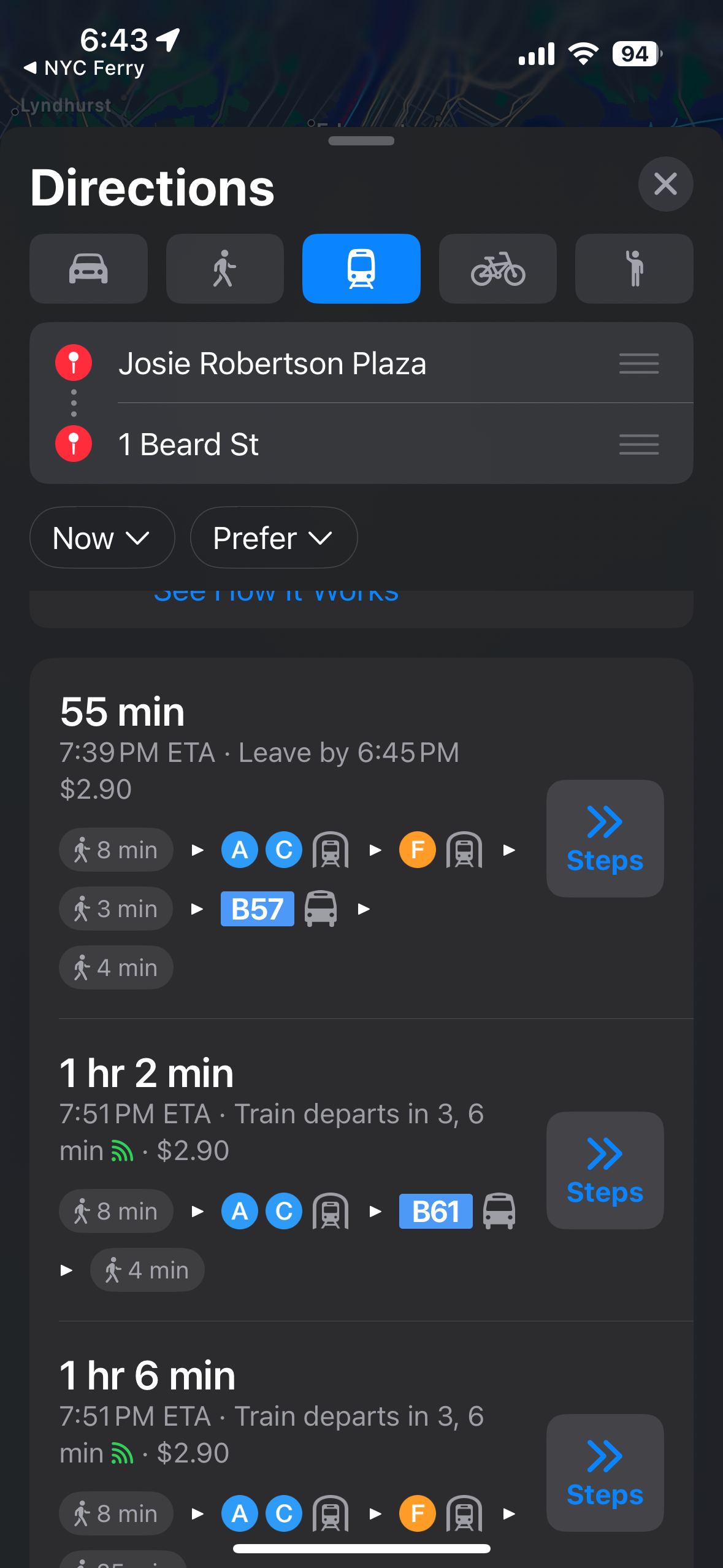 Apple Maps transit routing showing subway options — no ferry route shown
